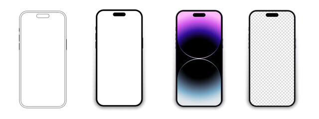 Set of realistic models smartphone with transparent screens. Smartphone mockup collection. Phone mockup in front. Mobile phone with shadow. Realistic, flat and line style. Vector EPS 10