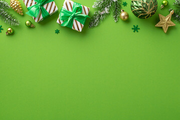 Christmas Eve concept. Top view photo of gift boxes gold and green baubles pine cone star ornaments confetti and spruce branches in frost on isolated green background with blank space