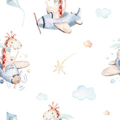 Watercolor airplane kid seamless pattern. Watercolor toy background baby cartoon cute pilot giraffe, elephant with koala, bear and bird aviation sky transport airplanes, clouds.