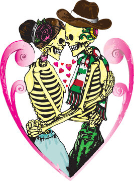Art couple in love mexican skulls day of the dead. Hand drawing and make graphic vector.