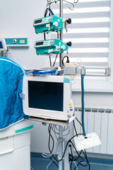 Monitor modern hospital equipment. New technology surgery devices.