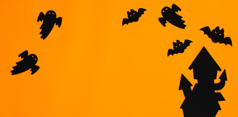 Нalloween background free space orange, bats and black castle