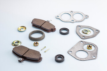 details of components and components of mechanisms for the repair of components and assemblies of the car on a white milky background.