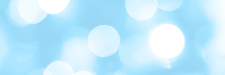 Blurred lights blue background, banner texture. Abstract bokeh with soft light header. Wide screen wallpaper. Panoramic web banner with copy space for design