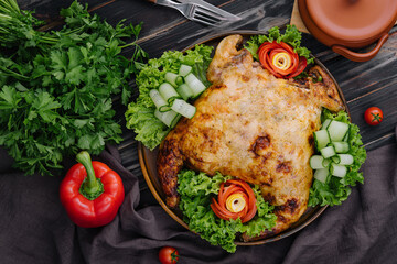 Roast chicken with fresh vegetables top view