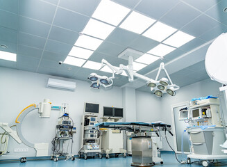 Modern medical professional hospital room. Sterile indoor clinical emergency ward.