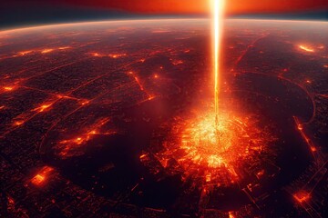 Satellite view of a nuclear explosion fire mushroom on a big capital city during an apocalyptic or meteor deep impact. 3D digital illustration.