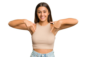 Young Indian woman isolated cutout removal background points down with fingers, positive feeling.