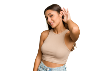 Young Indian woman isolated cutout removal background trying to listening a gossip.