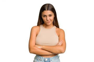 Young Indian woman isolated cutout removal background frowning face in displeasure, keeps arms folded.