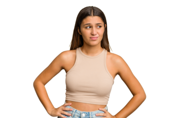 Young Indian woman isolated cutout removal background confused, feels doubtful and unsure.