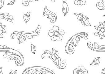 Decorative floral seamless pattern in baroque style. Black curling plant.