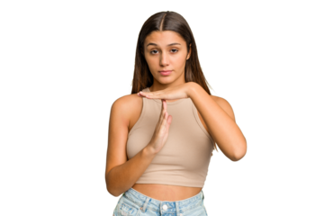 Young Indian woman isolated cutout removal background showing a timeout gesture.