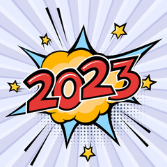 2023 New Year and Christmas comic text explosion or speech bubble. Vector illustration in retro pop art style for greeting cards, banners, posters, flyers and calendars