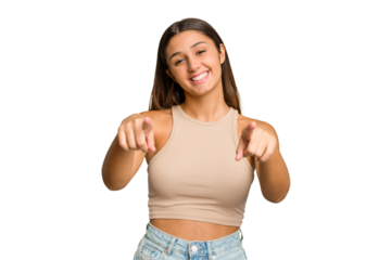 Young Indian woman isolated cutout removal background cheerful smiles pointing to front.