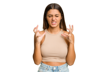 Young Indian woman isolated cutout removal background upset screaming with tense hands.