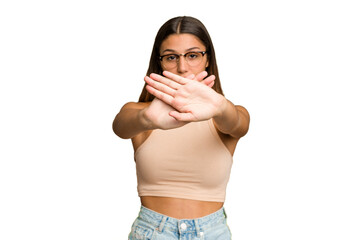 Young Indian woman isolated cutout removal background doing a denial gesture