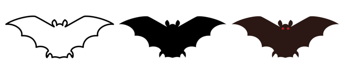 Bats set. Vector silhouettes of three bats isolated on white background.