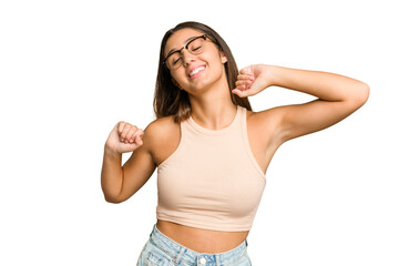 Young Indian woman isolated cutout removal background celebrating a special day, jumps and raise arms with energy.