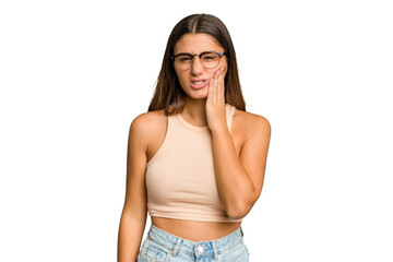 Young Indian woman isolated cutout removal background having a strong teeth pain, molar ache.