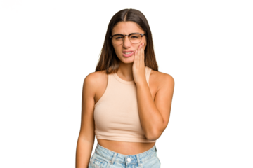 Young Indian woman isolated cutout removal background having a strong teeth pain, molar ache.