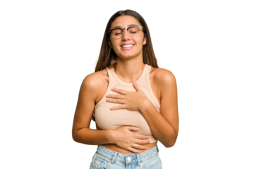 Young Indian woman isolated cutout removal background laughs happily and has fun keeping hands on stomach.