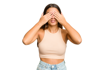 Young Indian woman isolated cutout removal background afraid covering eyes with hands.