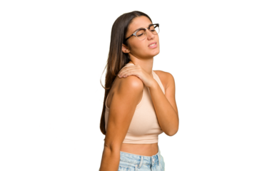 Young Indian woman isolated cutout removal background having a shoulder pain.