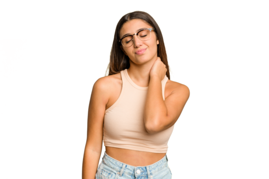 Young Indian woman isolated cutout removal background having a neck pain due to stress, massaging and touching it with hand.