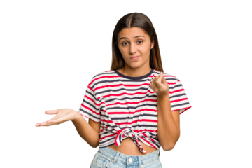 Young Indian woman isolated cutout removal background showing that she has no money.