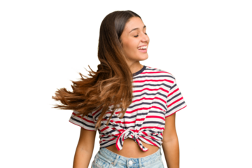 Young Indian woman isolated cutout removal background dancing and having fun.