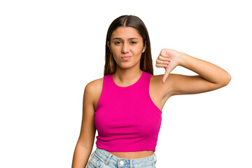 Young Indian woman isolated cutout removal background showing thumb down, disappointment concept.