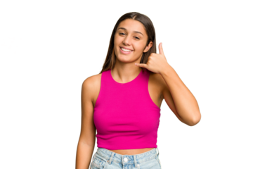 Young Indian woman isolated cutout removal background showing a mobile phone call gesture with fingers.