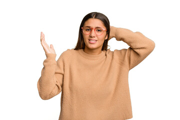 Young Indian woman isolated cutout removal background screaming with rage.