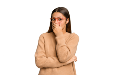 Young Indian woman isolated cutout removal background scared and afraid.