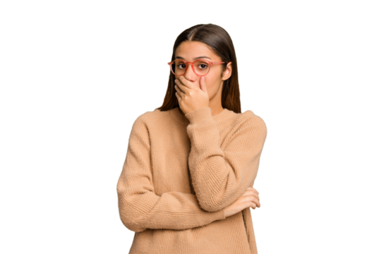 Young Indian woman isolated cutout removal background scared and afraid.