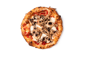 Deliziosa pizza italiana condita con mozzarella, sugo e funghi champignon 