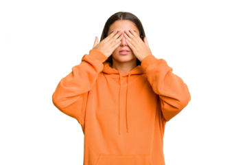 Young Indian woman isolated cutout removal background afraid covering eyes with hands.