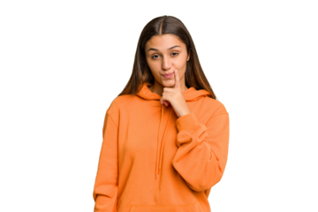 Young Indian woman isolated cutout removal background contemplating, planning a strategy, thinking about the way of a business.