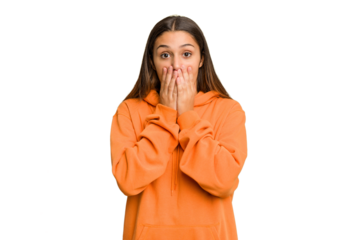 Young Indian woman isolated cutout removal background shocked, covering mouth with hands, anxious to discover something new.