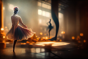 Stunning ballerina in elegant pose, bathed in ethereal light. Ideal for dance themes, performance art, and transcendent moments. High-quality stock image. generative ai
