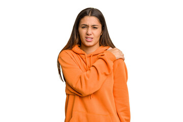 Young Indian woman isolated cutout removal background having a shoulder pain.