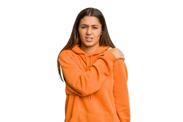 Young Indian woman isolated cutout removal background having a shoulder pain.