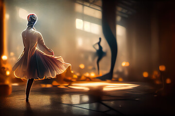 Ballet dancer illuminated in radiant glow, poised elegantly against moody backdrop with spotlight beams. Ideal for arts, theater & movement concepts. . generative ai 