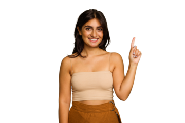 Young Indian woman isolated on green chroma background showing number one with finger.