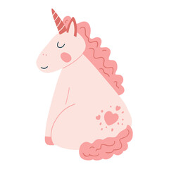Cute unicorn in cartoon flat style. Vector illustration of baby horse, pony animal in pink color for fabric print, apparel, children textile design, card