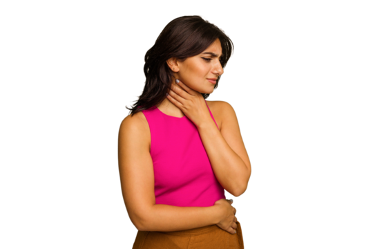 Young Indian woman isolated on green chroma background suffers pain in throat due a virus or infection.