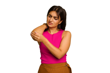 Young Indian woman isolated on green chroma background massaging elbow, suffering after a bad movement.