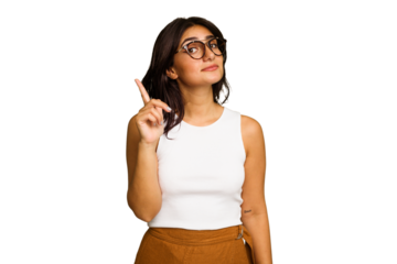 Young Indian woman isolated on green chroma background showing number one with finger.