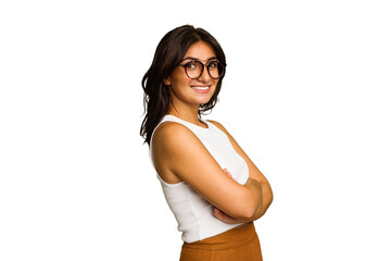 Young Indian woman isolated on green chroma background happy, smiling and cheerful.